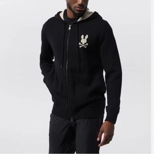 Psycho Bunny Wool Cotton Full‎ Zip Hoodie Knit Sweater Jacket Black Grey Pockets